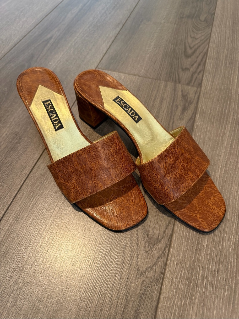 Escada Brown Leather Block Heel Slide Sandals